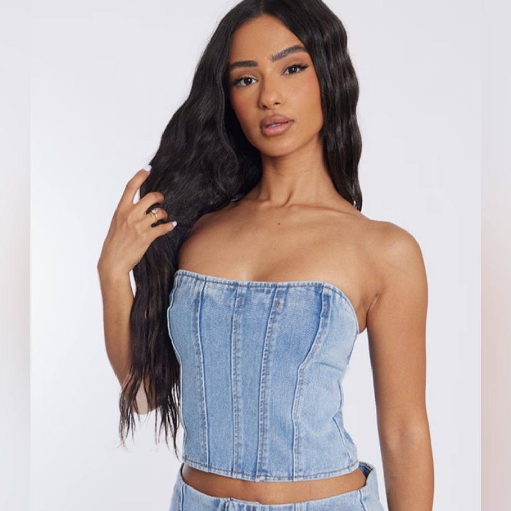 PLT Womens Petite 8 Bandeau Blue Jean Corset Top Denim Bustier Fitted